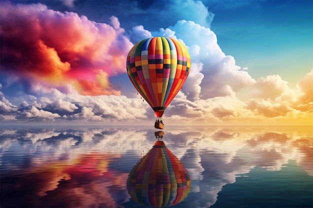 Hot air balloon on sea with cloud and rainbow