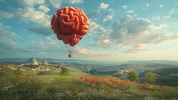 Foto una mongolfiera in cielo sopra un campo di fiori