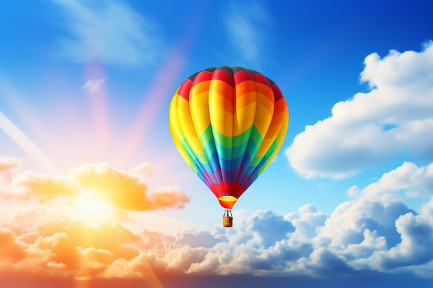 Photo hot air balloon in the sky with clouds and sun