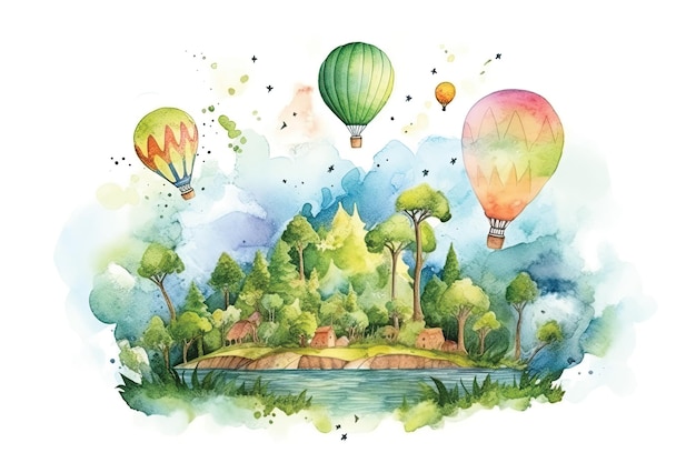 A hot air balloon in the sky with a forest and trees.