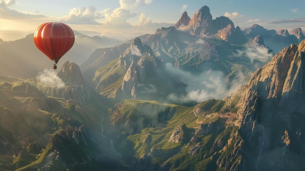 写真 熱気球が山脈の上を飛ぶ