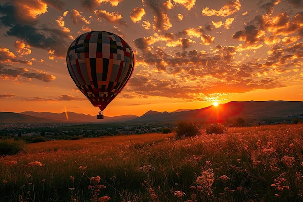 Hot air balloon soaring at sunset photography