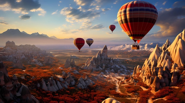 a hot air balloon over the strange landscape of Kapadokya