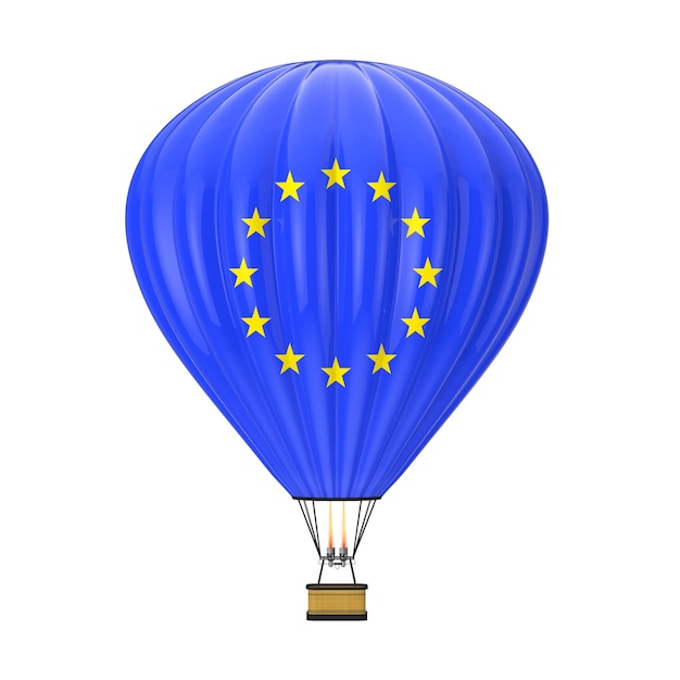 白い背景の上の欧州連合の旗と熱気球。 3Dレンダリング