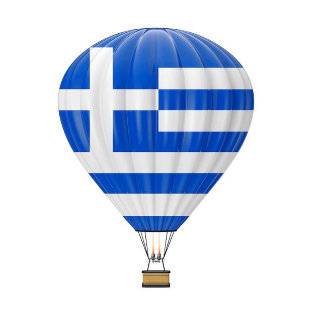 白い背景の上のギリシャの旗と熱気球。 3Dレンダリング