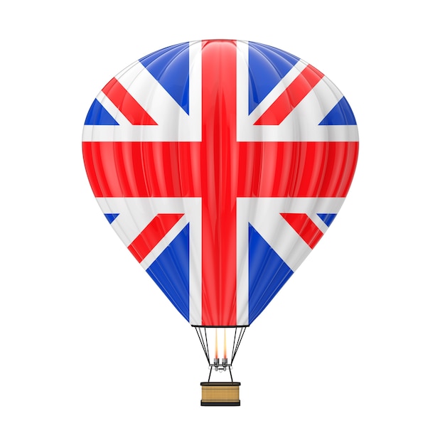 Hot Air Balloon with Flag of UNITED KINGDOM or England on a white background. 3d Rendering