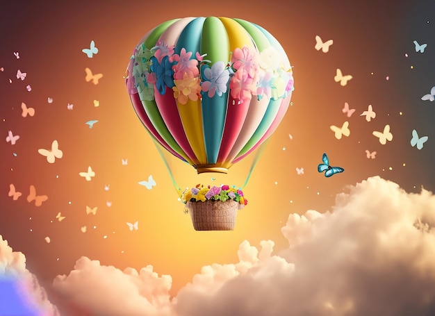 A hot air balloon with a flower basket in the sky