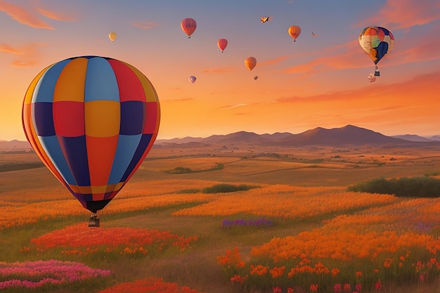 Воздушный шар с цветами и бабочками вокруг оранжевого неба на заднем плане, корзина с днем рождения, воздушные шары