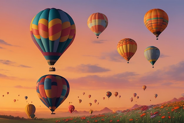 Hot air balloon with full of flowers and butterflies around orange sky in background happy birthday basket balloons