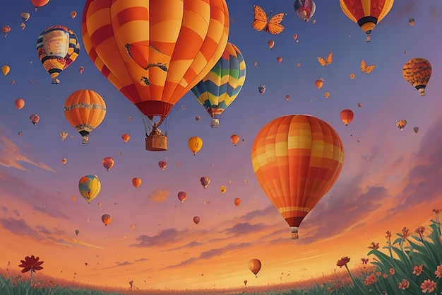 Hot air balloon with full of flowers and butterflies around orange sky in background happy birthday