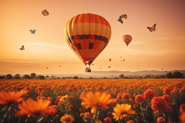 Hot air balloon with full of flowers and butterflies around orange sky in background happy birthday