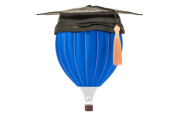 Hot air balloon with graduation cap 3D rendering