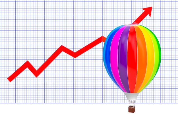 Hot air balloon with growing chart 3D rendering