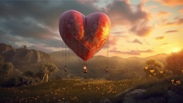 A hot air balloon with a heart shaped balloon in the sky