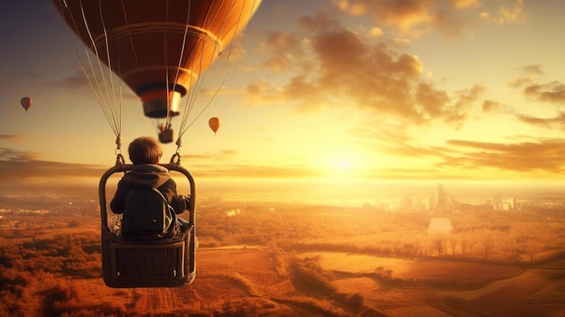 Photo a hot air balloon with a man on it and a city in the background