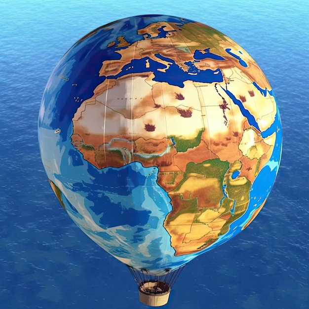 사진 바다 위의 세계 지도와 함께 열기 풍선 3d 렌더링