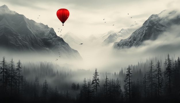 a hot air balloon with realistic eye print is flying over alaska