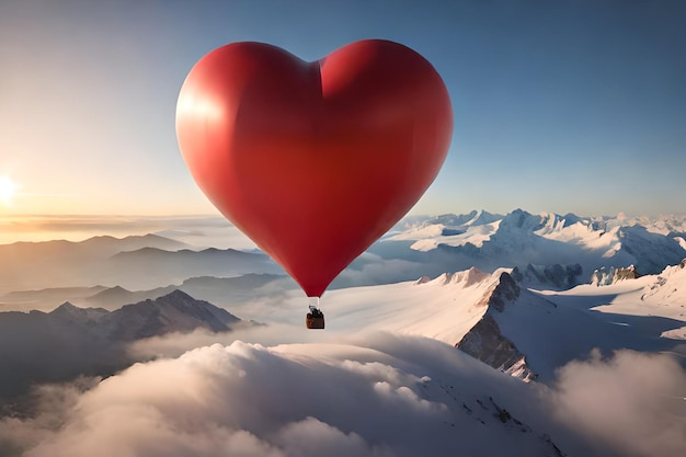 A hot air balloon with a red heart shape above a snowy mountain