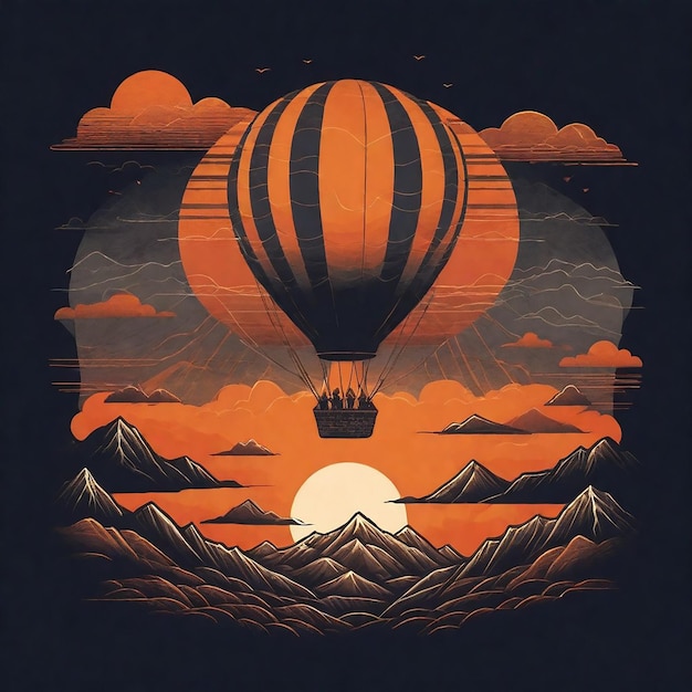 Photo a hot air balloon with a sun and mountains in the background