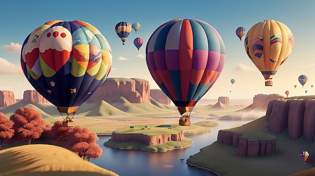 Hot air balloons over a beautiful landscape by Generative AI