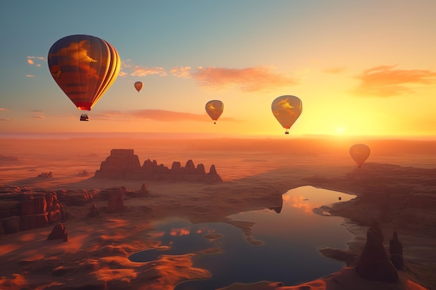 Hot air balloons over a canyon at sunset