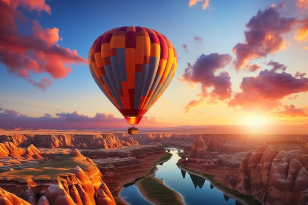 Hot air balloons in Cappadocia Turkey wide shot sunset generative with ai