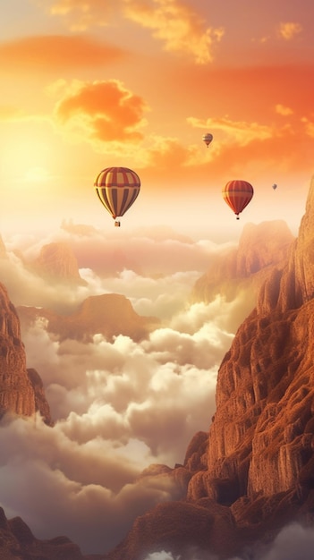 Hot air balloons over the clouds at sunset