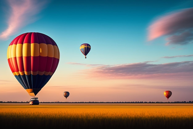 Hot air balloons in a field with a blue sky and clouds