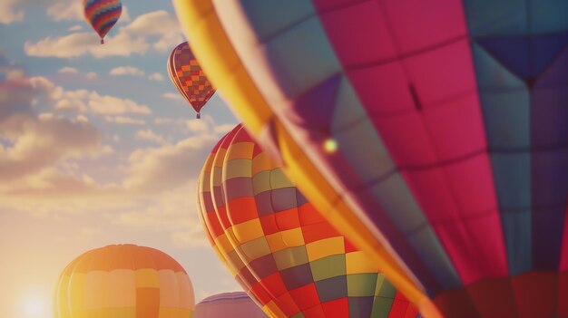 Hot air balloons in flight against a backdrop of a setting sun The balloons are brightly colored and the sky is a vibrant orange