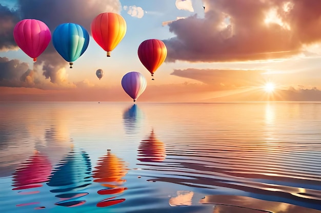 Photo hot air balloons floating on the water with a sunset background