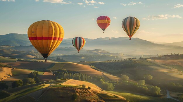 Hot air balloons flying over the beautiful Tuscany countryside in Italy