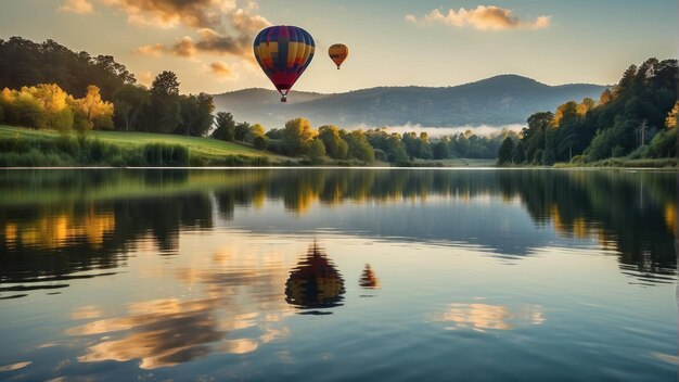 Hot air balloons flying over calm river