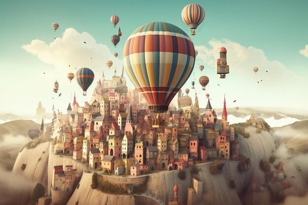 青い空と雲を背景に街の上を飛ぶ熱気球。