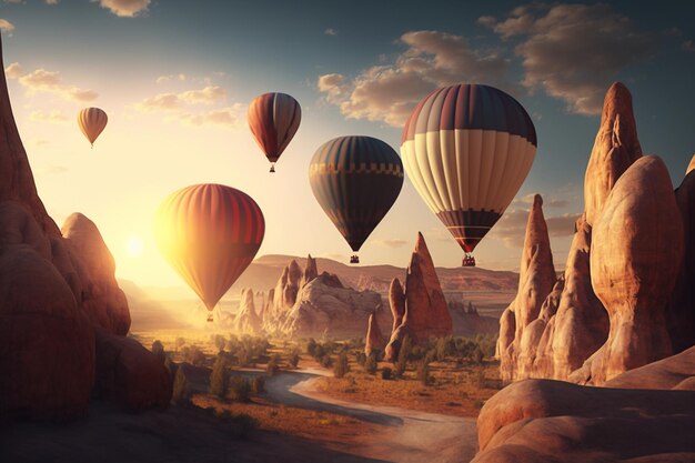 Photo hot air balloons flying over the desert at sunrise