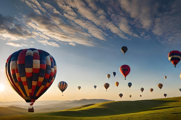 Hot air balloons flying over a hill with the sky in the background.