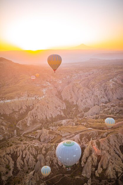 Palloncini ad aria calda che volano sopra il paesaggio