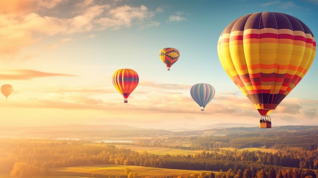 Hot air balloons flying over a landscape