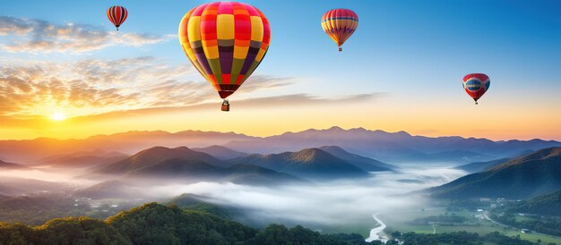 Hot air balloons flying over the mountains at sunrise Beautiful landscape