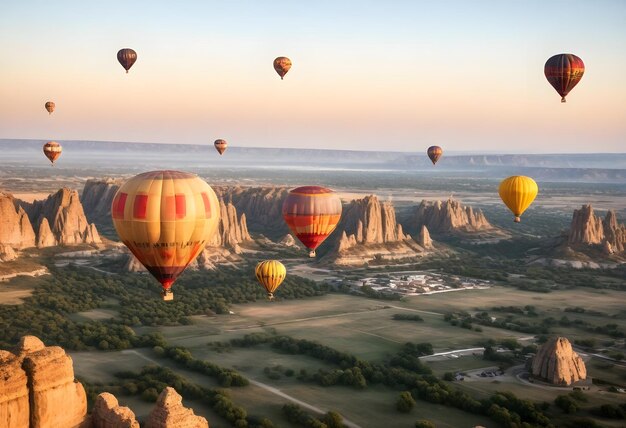 hot air balloons flying over the mountains at sunset