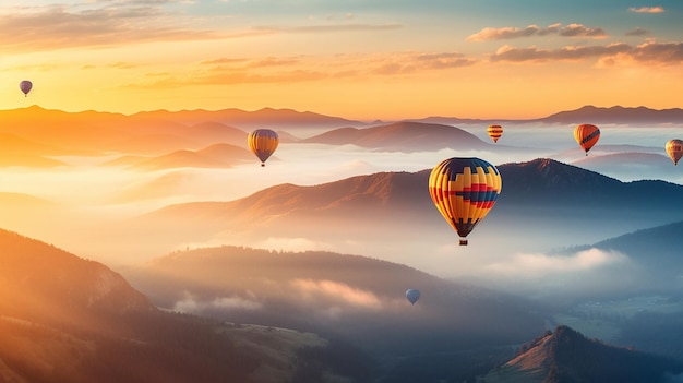 Hot air balloons flying over the mountains at sunset