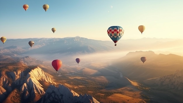 Hot air balloons flying over the mountainsgenerative ai