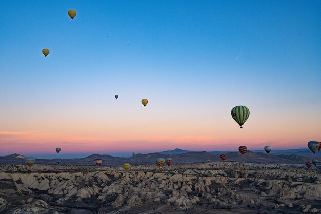 Hot air balloons flying in sky at sunset