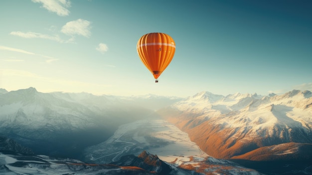 Hot air balloons flying over spectacular winter mountains landscape Generative ai