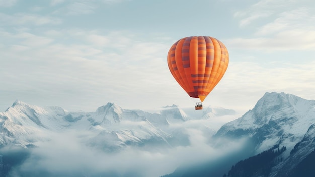 Hot air balloons flying over spectacular winter mountains landscape Generative ai