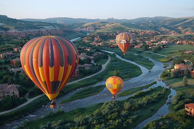 Hot Air Balloons Flying Over a Valley