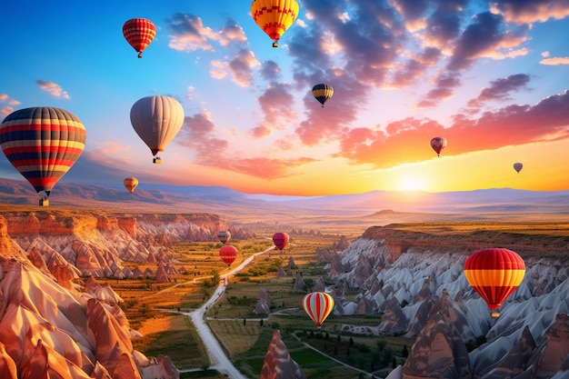 Hot air balloons over the hills and the fields during sunset in cappadocia turkey