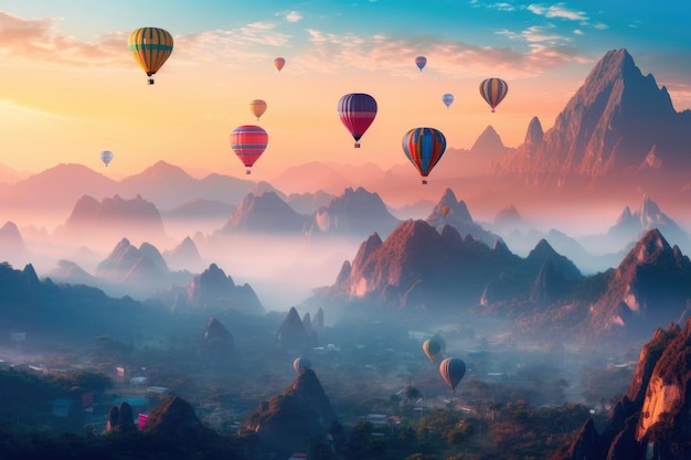 Hot air balloons in mountain landscape