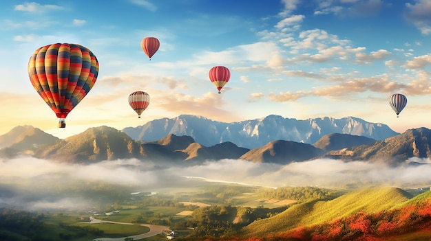 Hot air balloons above the mountains Colorful hot air balloons flying over mountain panorama