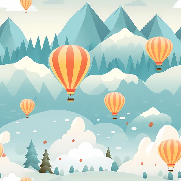 hot air balloons and mountains flat design seamless pattern