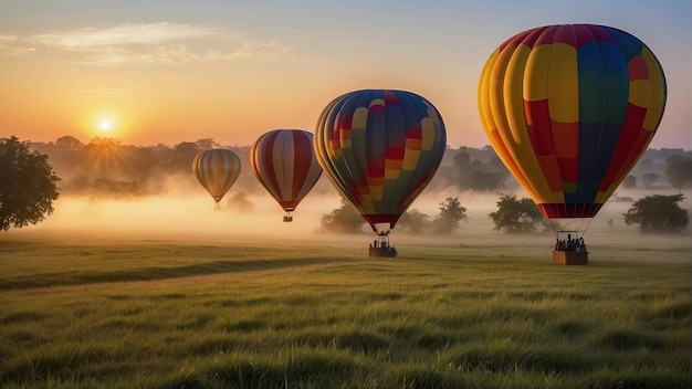 Hot air balloons rising at sunrise